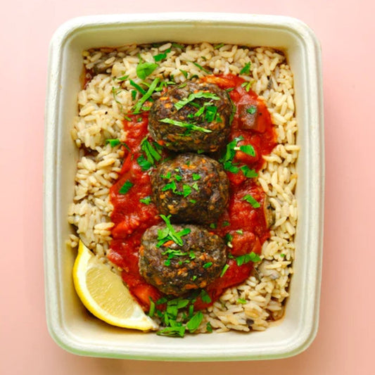 All Week Greek Meatballs with Roast Aubergine, Tomato Alla Norma Sauce and Mushroom Rice Pilaf - All Week (formerly Out of the Box)