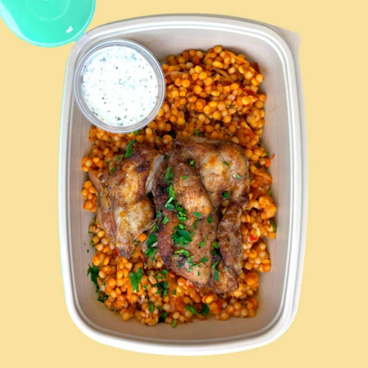 All Week Ras el Hanout Roast Chicken with Sweet Pepper, Tomato Giant Couscous, Yoghurt and Dill Sauce - All Week (formerly Out of the Box)