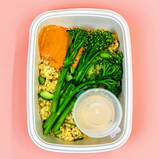All Week Tenderstem Broccoli Grain Bowl with Roasted Red Pepper Hummus and Maple, Miso, Tahini Dressing - All Week (formerly Out of the Box)