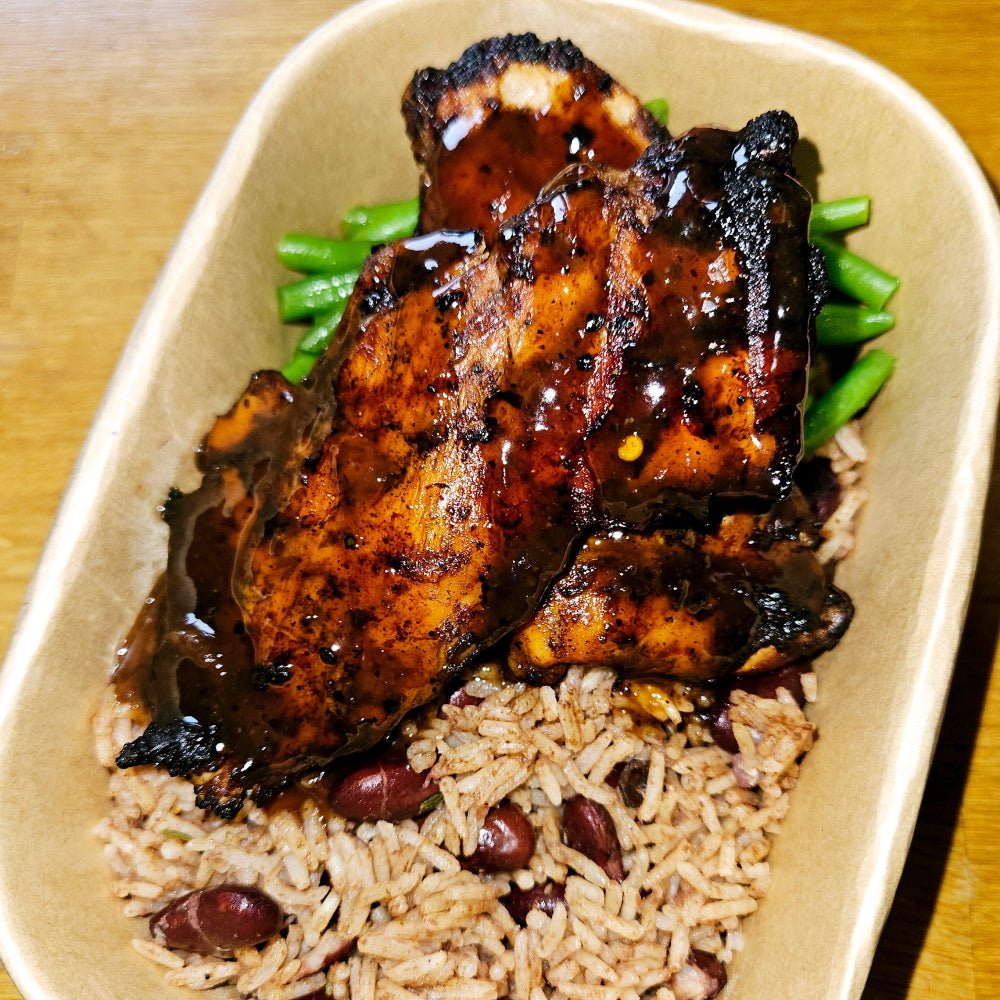 Spooner Meals Jays JamRock Jerk Chicken Thighs with Rice and Peas - Spooner Meals