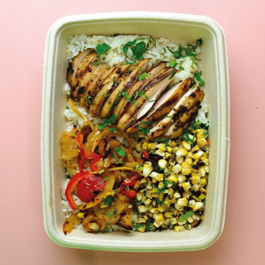 All Week Grilled Chicken Burrito Bowl with Coriander & Lime Rice, Fajita Veggies and Charred Corn - All Week (formerly Out of the Box)